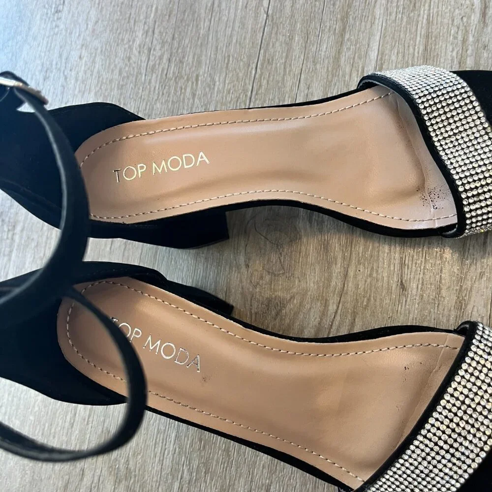 Womens Top Moda Black Rhinestone Block Heels - 6.5